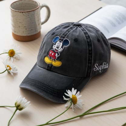 Personalized Washed Black Dad Cap with Cute Cartoon Embroidery and Custom Name