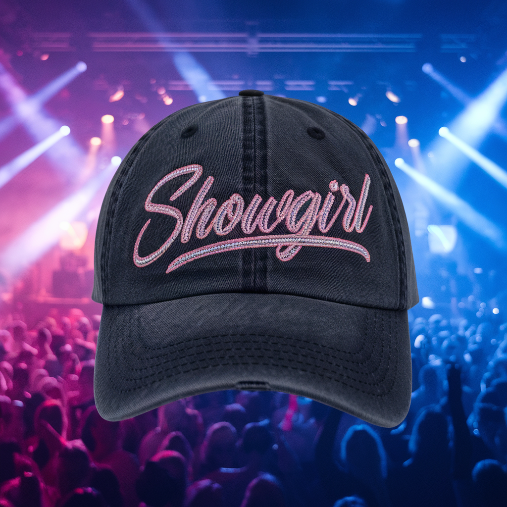 Showgirl Dad Cap – Washed Black Embroidered Hat, Metallic Silver Pink Stitching, Concert Outfit Baseball Cap