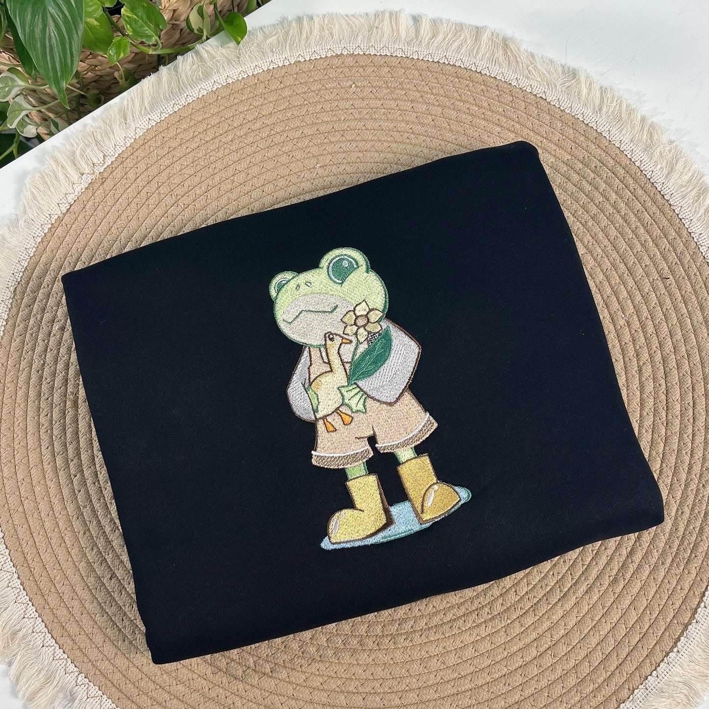 Frog Holding Goose and Sunflower Embroidered Sweatshirt, Cute Nature Gift