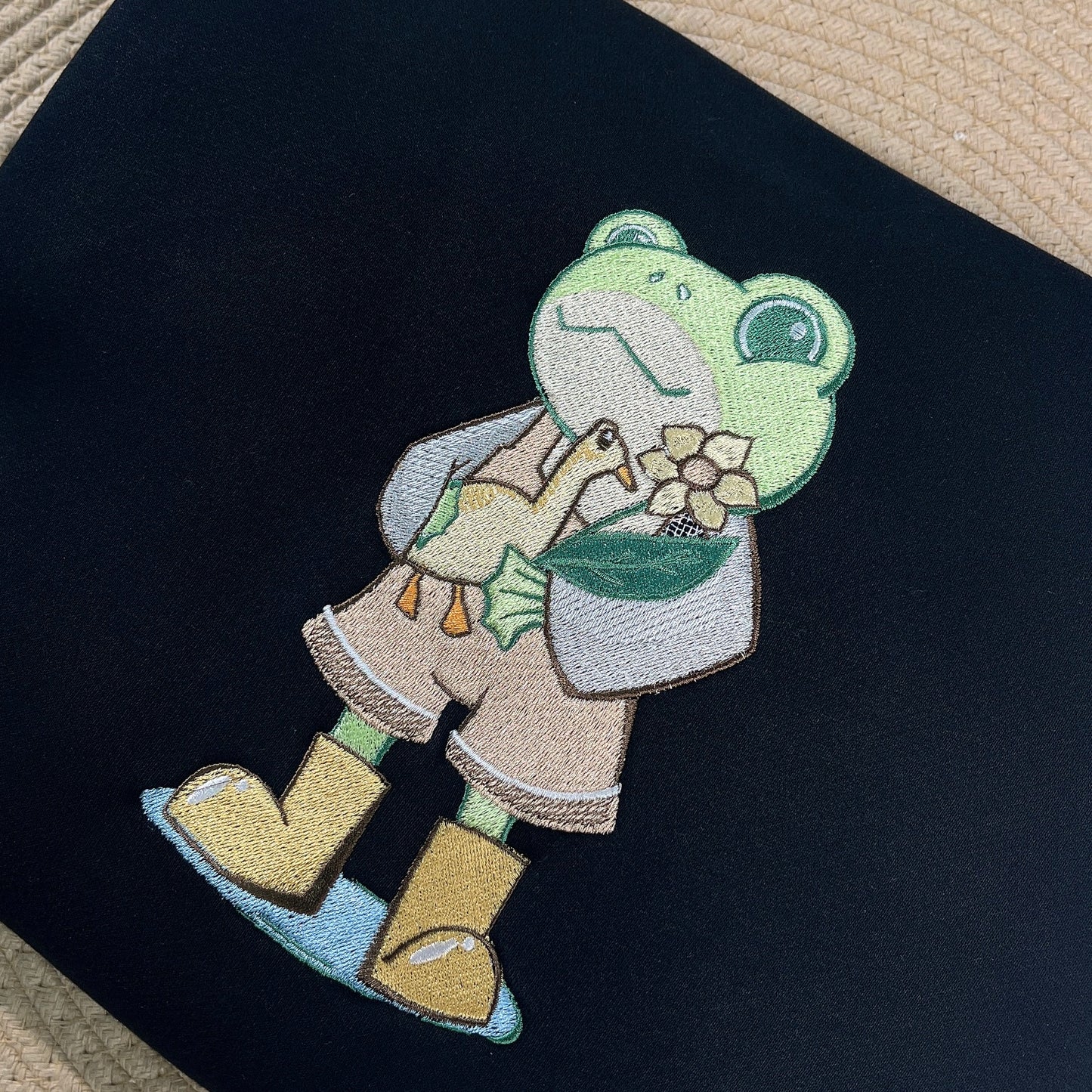 Frog Holding Goose and Sunflower Embroidered Sweatshirt, Cute Nature Gift