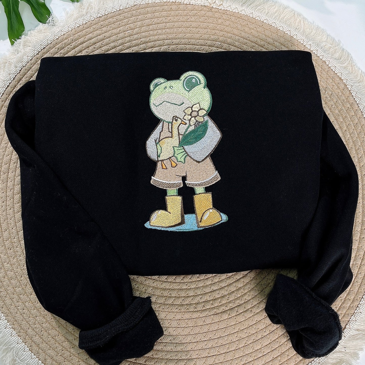 Frog Holding Goose and Sunflower Embroidered Sweatshirt, Cute Nature Gift