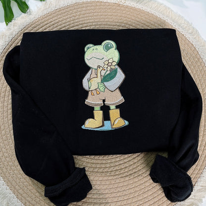Frog Holding Goose and Sunflower Embroidered Sweatshirt, Cute Nature Gift