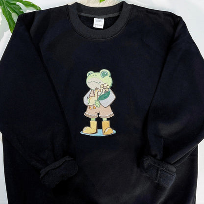 Frog Holding Goose and Sunflower Embroidered Sweatshirt, Cute Nature Gift
