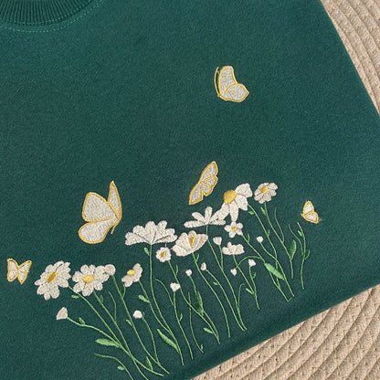 Daisies And Butterfly Embroidered Sweatshirt - Best Gift For Girl