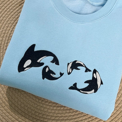 Embroidered Orca Sweatshirt – Whale Family Ocean Crewneck