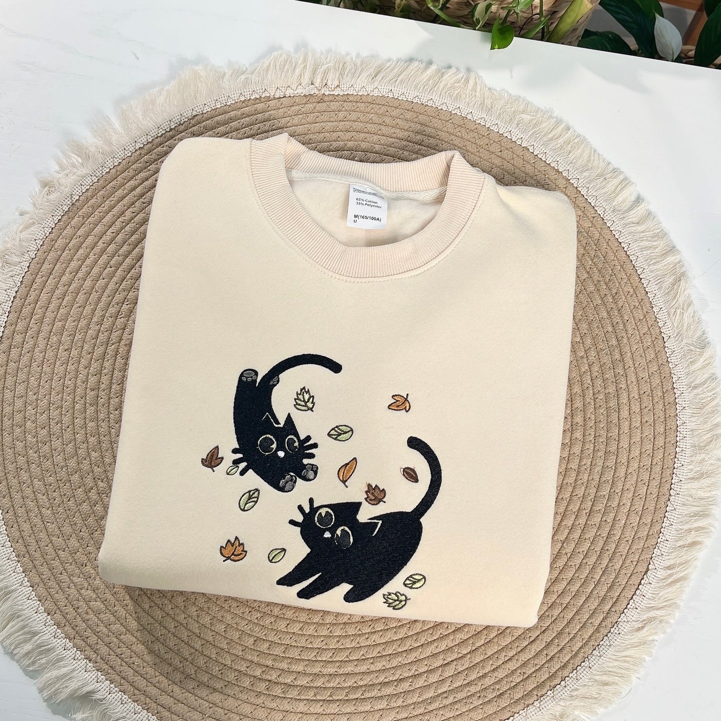 Black Cats and Fall Leaves Embroidered Sweatshirt, Autumn Cat Shirt