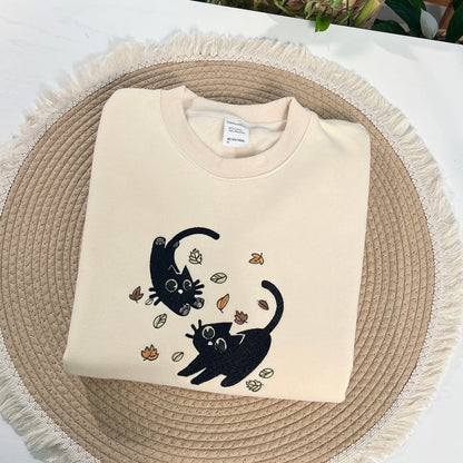 Black Cats and Fall Leaves Embroidered Sweatshirt, Autumn Cat Shirt