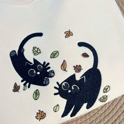 Black Cats and Fall Leaves Embroidered Sweatshirt, Autumn Cat Shirt