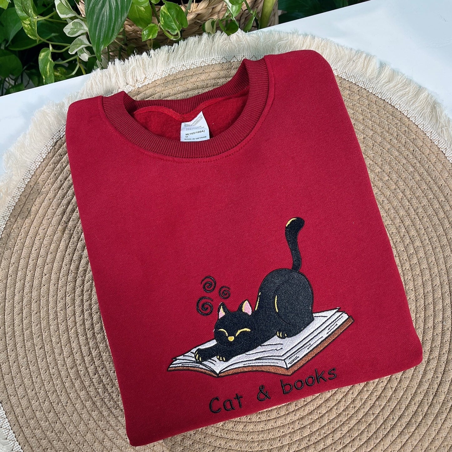 Cat & Books Embroidered Sweatshirt, Cozy Bookish Crewneck