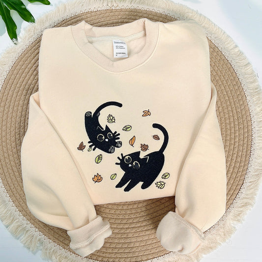 Black Cats and Fall Leaves Embroidered Sweatshirt, Autumn Cat Shirt
