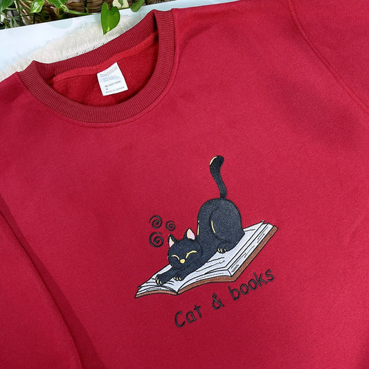 Cat & Books Embroidered Sweatshirt, Cozy Bookish Crewneck