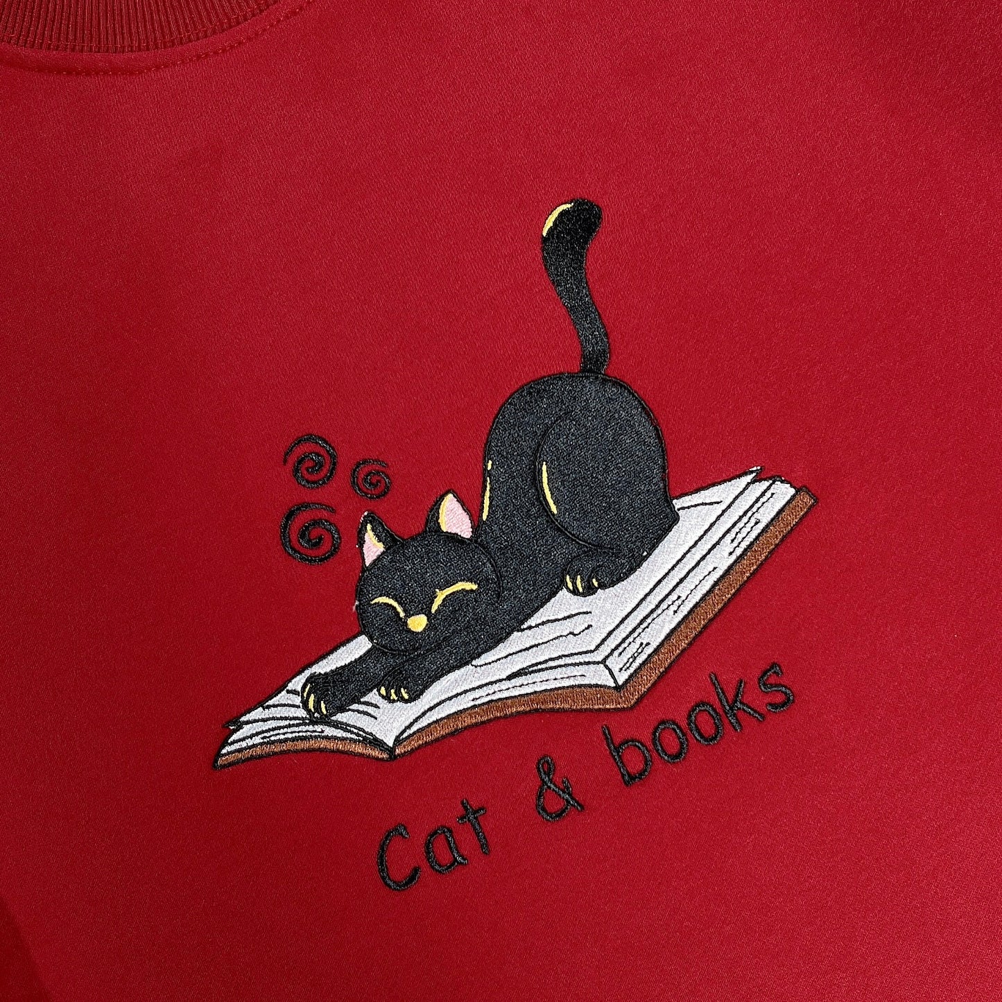 Cat & Books Embroidered Sweatshirt, Cozy Bookish Crewneck