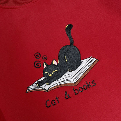 Cat & Books Embroidered Sweatshirt, Cozy Bookish Crewneck