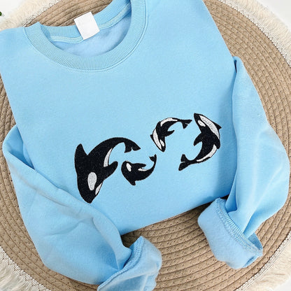 Embroidered Orca Sweatshirt – Whale Family Ocean Crewneck