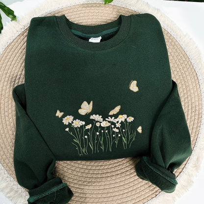 Daisies And Butterfly Embroidered Sweatshirt - Best Gift For Girl