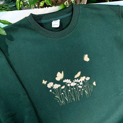 Daisies And Butterfly Embroidered Sweatshirt - Best Gift For Girl