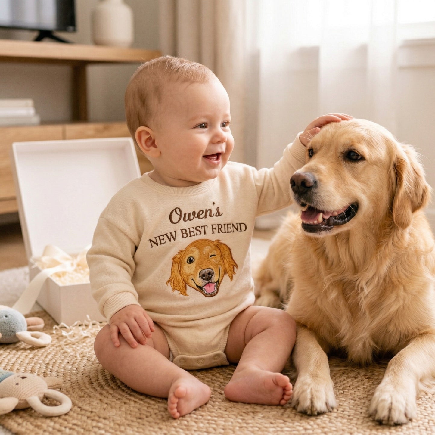 Personalized Embroidered Golden Retriever Baby Onesie – New Best Friend Gift for Dog Mom