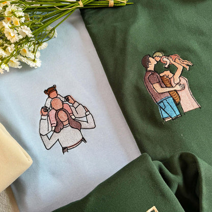 Custom Mom And Dad Portrait Embroidery Sweatshirt, Custom Family Gift