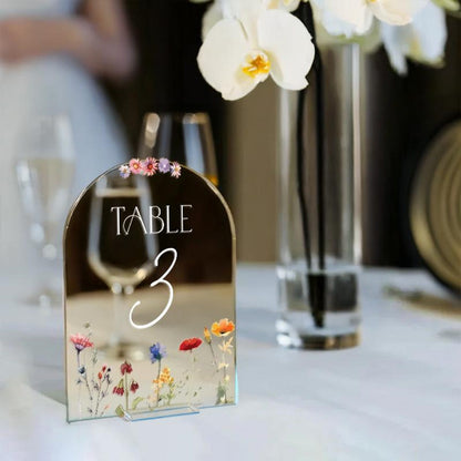 Custom Wildflowers Wedding Table Numbers, Custom Mirrors Table Numbers, Wedding Table Decorations