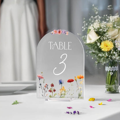 Custom Wildflowers Wedding Table Numbers, Custom Mirrors Table Numbers, Wedding Table Decorations