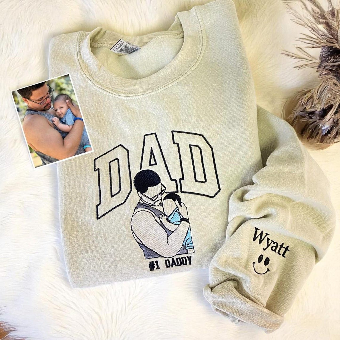 Custom Embroidery Dad Photo Sweatshirt, Happy Father's Day Gift