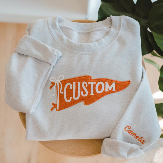 Custom Pennant Sweatshirt, Embroidered Team Crewneck, Personalized College Spirit Shirt, Game Day Gift