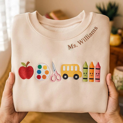 Personalized Embroidered Apple Teacher Sweatshirt, Back To School Crewneck