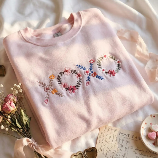 Embroidered XOXO Flower Sweatshirt, Valentine Floral Crewneck, Cute Cozy Gift for Girlfriend Wife