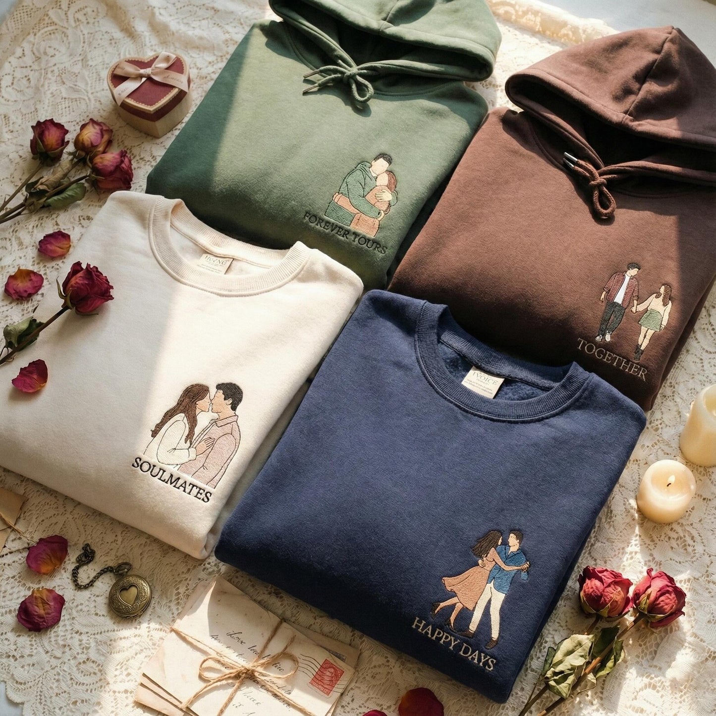 Embroidered Photo Sweatshirt, Custom Couple Illustration Hoodie, Matching Anniversary Gift for Boyfriend & Girlfriend