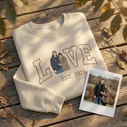 LOVE Embroidered Couple Sweatshirt with Custom Photo Portrait & Est. Year – Personalized Valentine Hoodie
