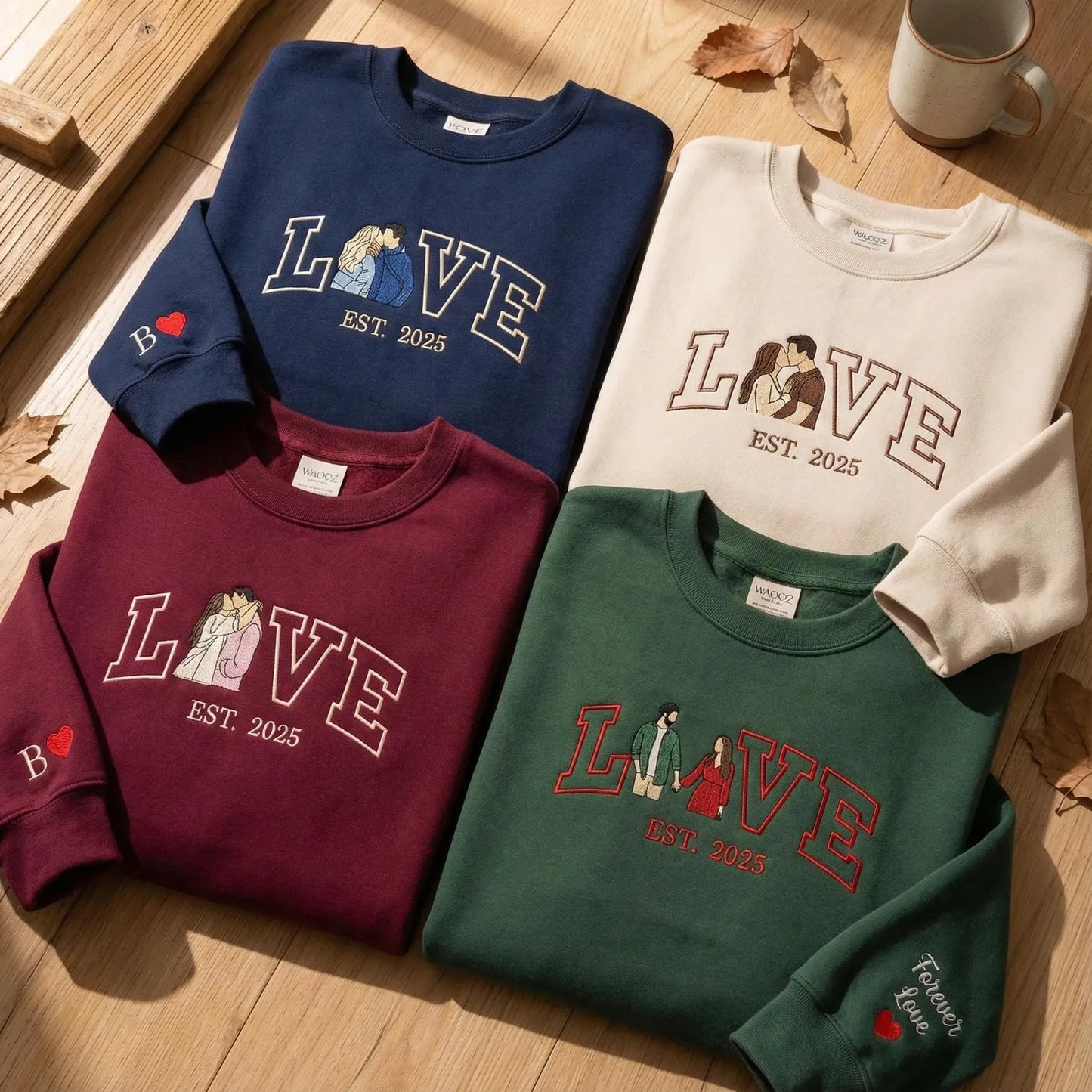 LOVE Embroidered Couple Sweatshirt with Custom Photo Portrait & Est. Year – Personalized Valentine Hoodie