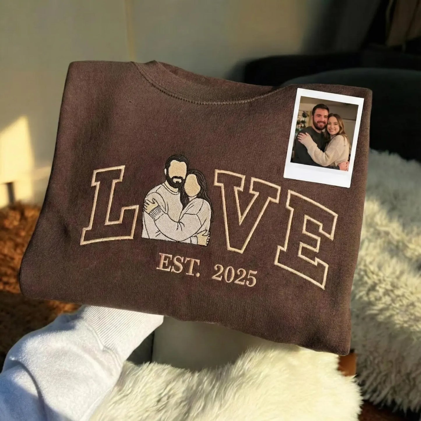 LOVE Embroidered Couple Sweatshirt with Custom Photo Portrait & Est. Year – Personalized Valentine Hoodie