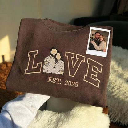 LOVE Embroidered Couple Sweatshirt with Custom Photo Portrait & Est. Year – Personalized Valentine Hoodie