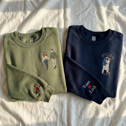 Embroidered Photo Sweatshirt, Custom Couple Illustration Hoodie, Matching Anniversary Gift for Boyfriend & Girlfriend