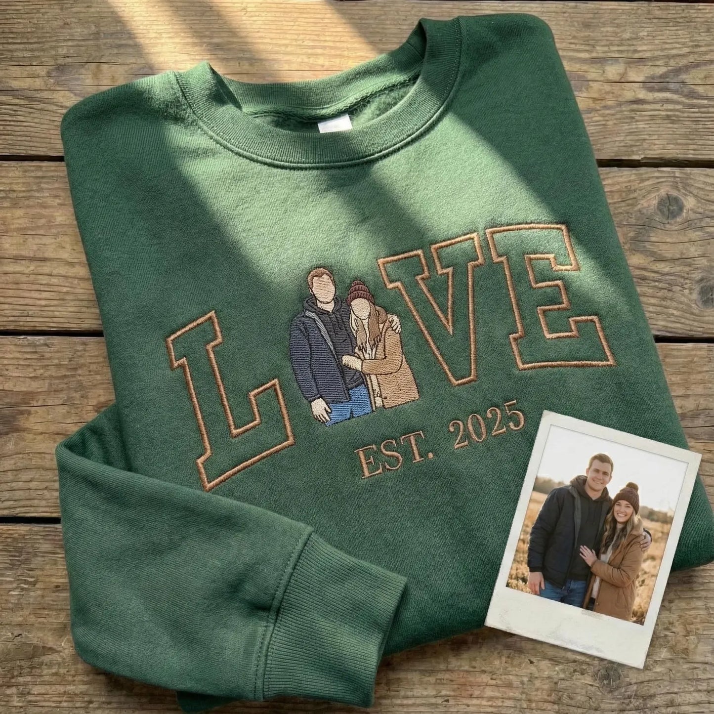 LOVE Embroidered Couple Sweatshirt with Custom Photo Portrait & Est. Year – Personalized Valentine Hoodie