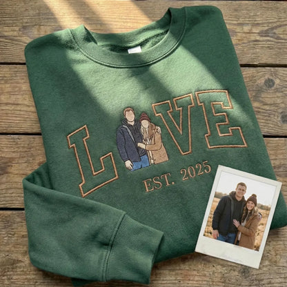 LOVE Embroidered Couple Sweatshirt with Custom Photo Portrait & Est. Year – Personalized Valentine Hoodie