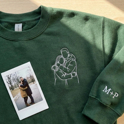 Custom Couple Line Art Embroidered Sweatshirt, Personalized Photo Hoodie, Matching Valentine Gift for Couples