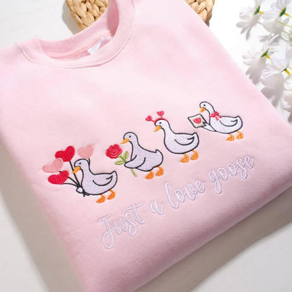 Funny Just a Love Goose Embroidered Sweatshirt, Valentine's Day Gift