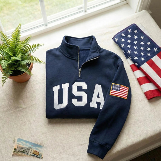 USA Embroidered Quarter Zip Sweatshirt