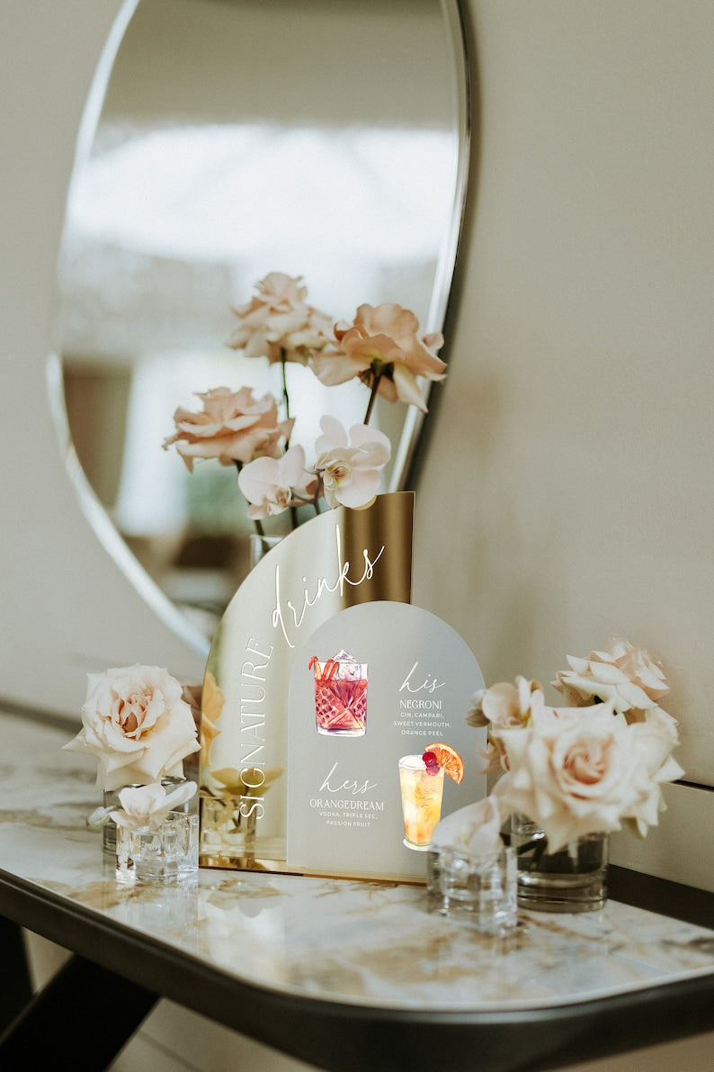 Custom Wedding Signature Drink Sign, Gold Mirror Bar Menu Sign, His and Hers Wedding Cocktails