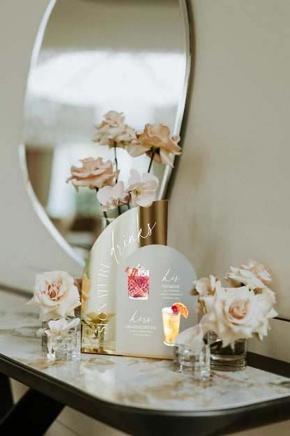 Custom Wedding Signature Drink Sign, Gold Mirror Bar Menu Sign, His and Hers Wedding Cocktails