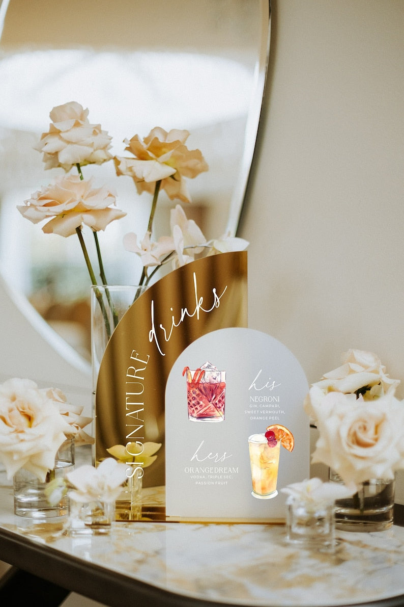 Custom Wedding Signature Drink Sign, Gold Mirror Bar Menu Sign, His and Hers Wedding Cocktails
