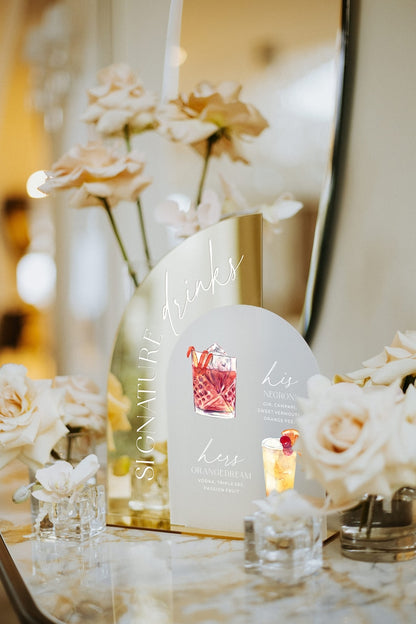 Custom Wedding Signature Drink Sign, Gold Mirror Bar Menu Sign, His and Hers Wedding Cocktails