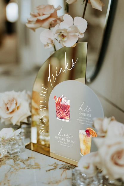 Custom Wedding Signature Drink Sign, Gold Mirror Bar Menu Sign, His and Hers Wedding Cocktails
