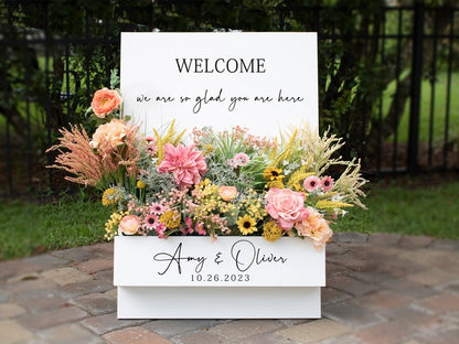 Custom Flower Box Welcome Wooden Sign, Personalized Wedding Decor, Floral Welcome Board For Ceremony