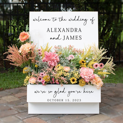 Custom Flower Box Welcome Wooden Sign, Personalized Wedding Decor, Floral Welcome Board For Ceremony