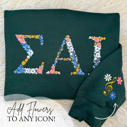 Custom College Floral Letter Embroidered Sweatshirt, Embroidery Sorority Gift Greek Letter Sweatshirt