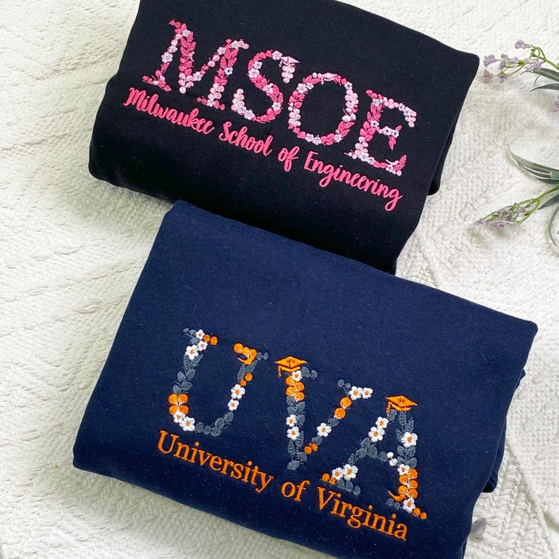 Custom College Floral Letter Embroidered Sweatshirt, Personalized University Sweatshirt, Graduation Gift for Besties