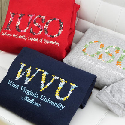 Custom College Floral Letter Embroidered Sweatshirt, Personalized University Sweatshirt, Graduation Gift for Besties