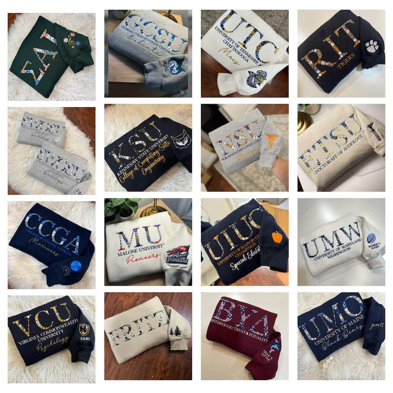 Custom College Floral Letter Embroidered Sweatshirt, Embroidery Sorority Gift Greek Letter Sweatshirt